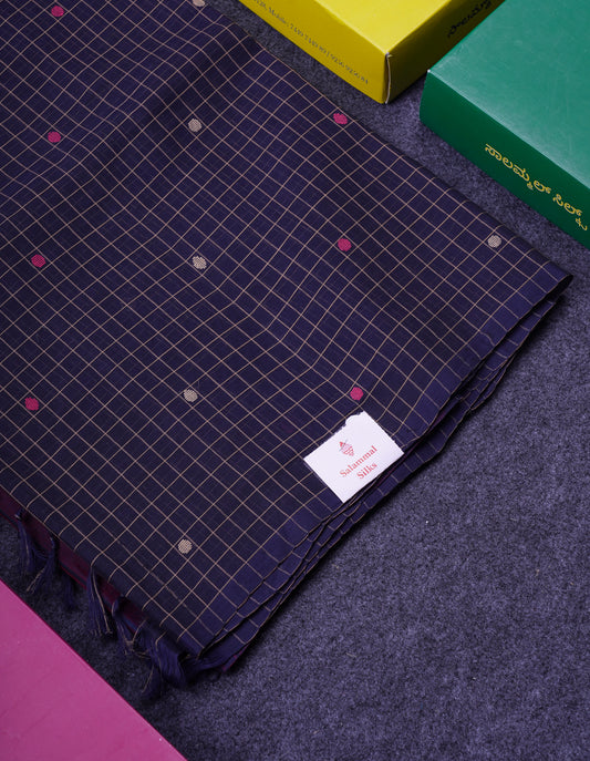 Beautiful Half And Half Peacock Blue & Navy Blue Thread Work Butta Handloom Pure Cotton Saree With Contrast Navy Blue Blouse