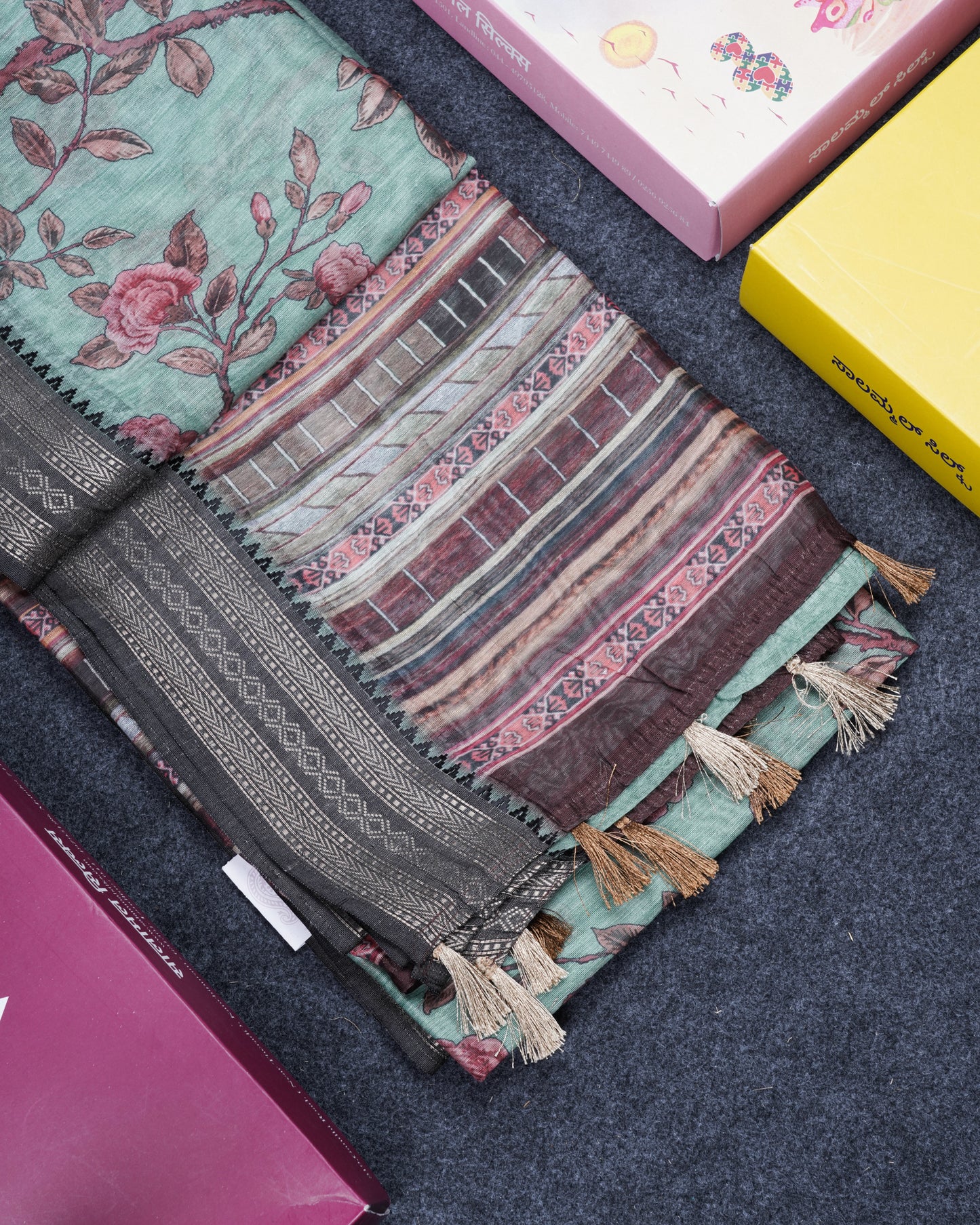 Grey Chanderi Mixed Cotton Saree With Contrast Black Banarasi Border