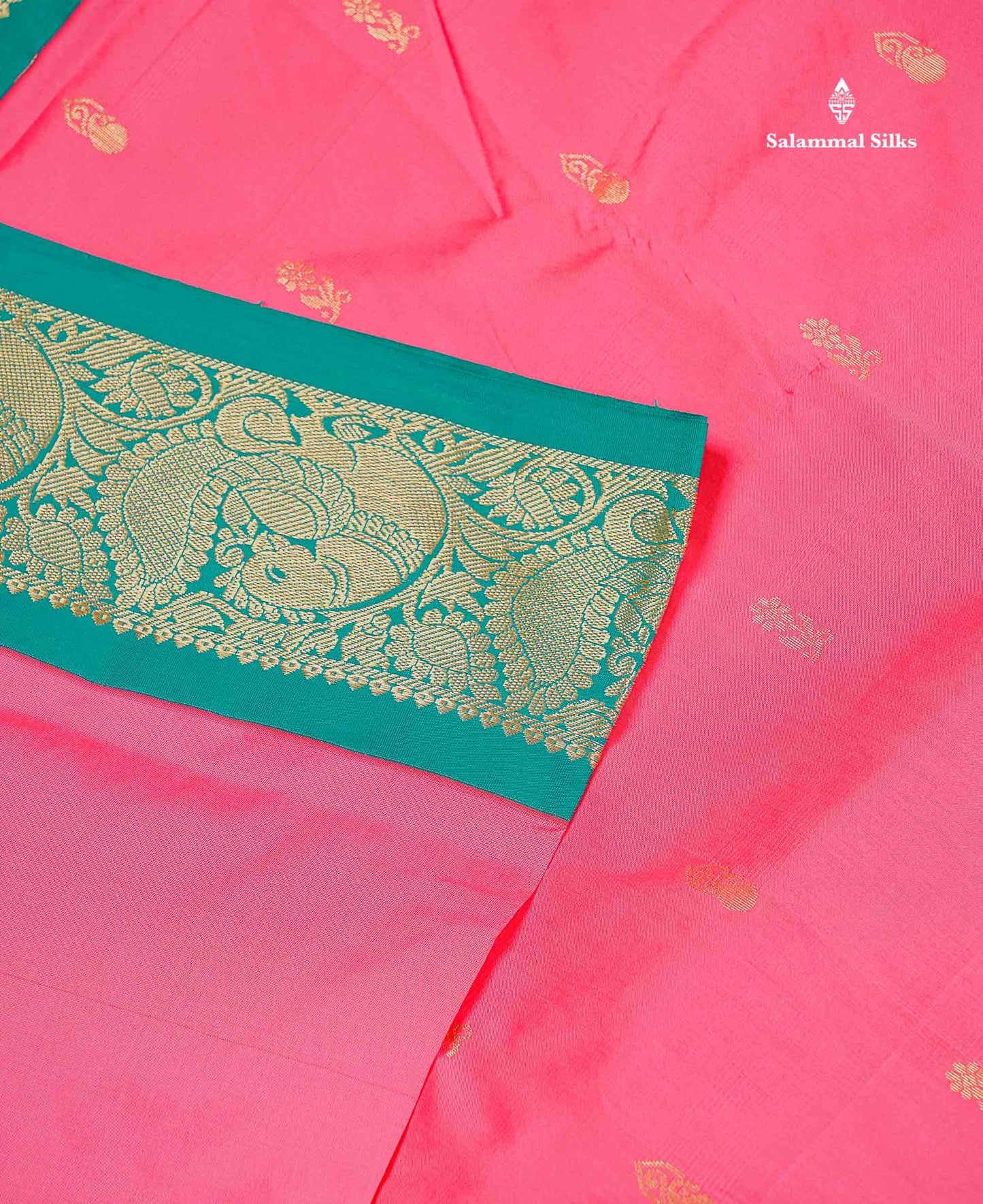 Semi Silk Saree - Pinkish Peach Small Butta With Contrast Dual Tone Ramar Blue Border | 9 Yards