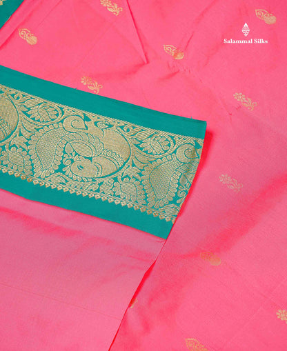 Semi Silk Saree - Pinkish Peach Small Butta With Contrast Dual Tone Ramar Blue Border | 9 Yards