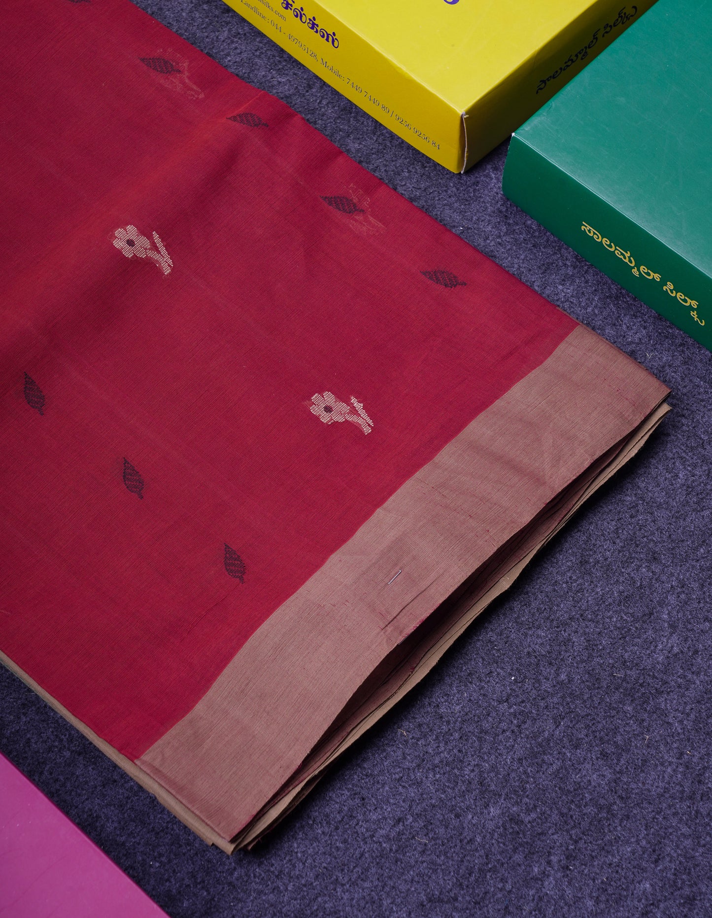 Beautiful Redish Maroon Thread Work Butta Handloom Pure Cotton Saree With Contrast Sandal Blouse