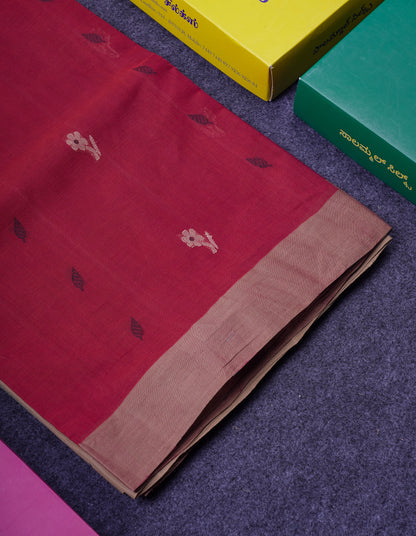 Beautiful Redish Maroon Thread Work Butta Handloom Pure Cotton Saree With Contrast Sandal Blouse