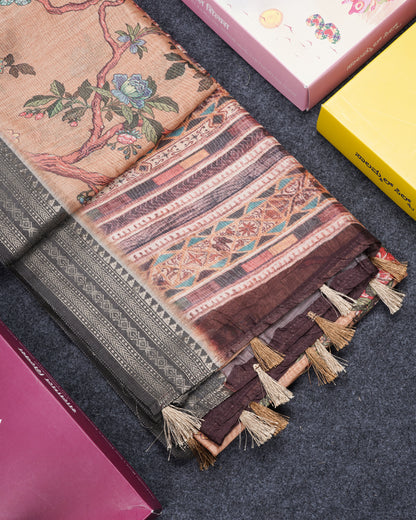 Grey Chanderi Mixed Cotton Saree With Contrast Black Banarasi Border