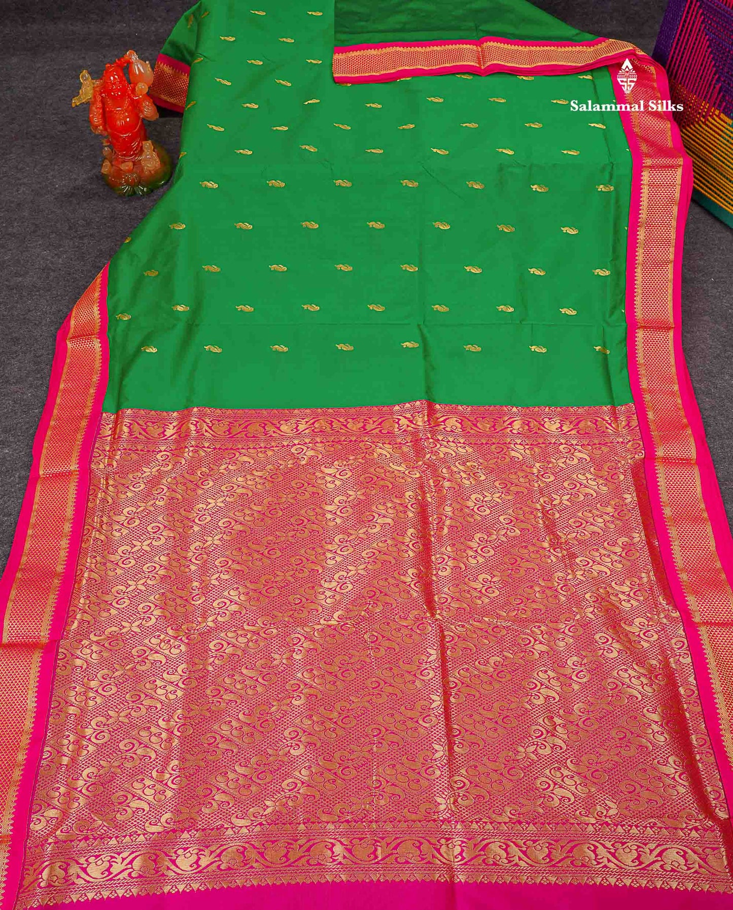 Semi Silk Saree - Green Colour Body Zari Buttas With Contrast Pink Border | 10 Yards
