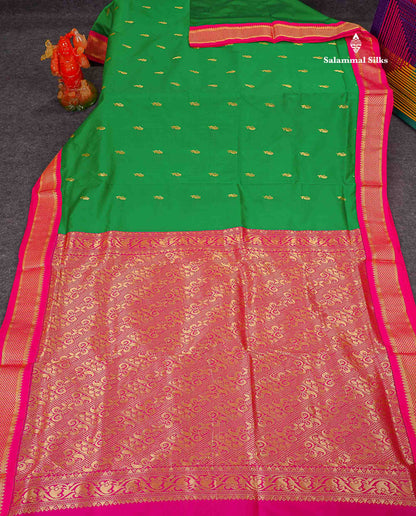 Semi Silk Saree - Green Colour Body Zari Buttas With Contrast Pink Border | 10 Yards