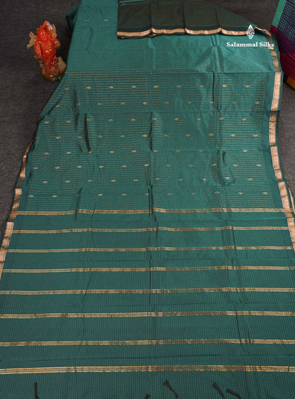 Semi Silk Saree - Teal Blue Colour Body Small Checks With Butta & Traditional Small Border 