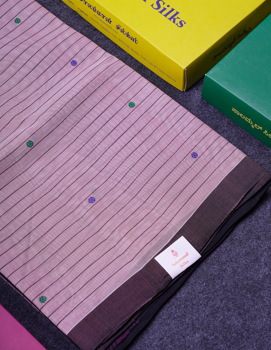 Beautiful Onion Pink Thread Work Butta Handloom Pure Cotton Saree With Contrast Black Blouse