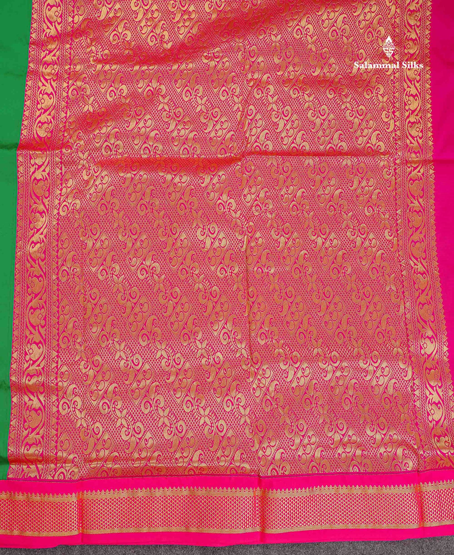 Semi Silk Saree - Green Colour Body Zari Buttas With Contrast Pink Border | 10 Yards