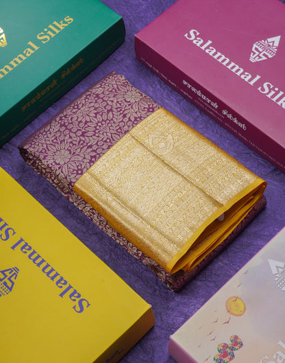 Beautiful Dark Magenta 2G Pure Kanjivaram Silk Saree With Contrast Yellow Traditional Evening Morning Border