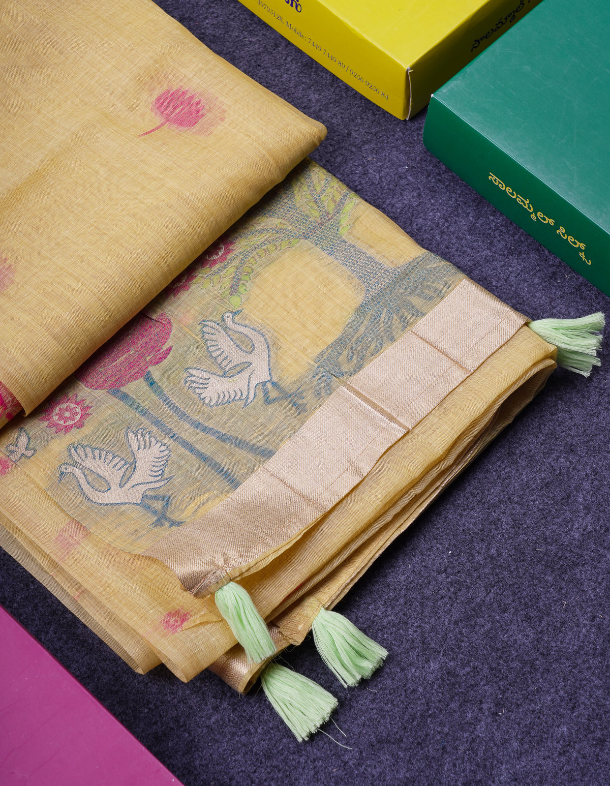 Beautiful Yellow Thread Work Butta Muga Cotton Saree With Blouse