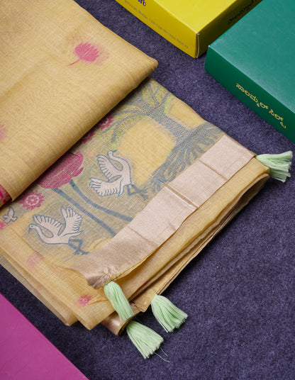 Beautiful Yellow Thread Work Butta Muga Cotton Saree With Blouse