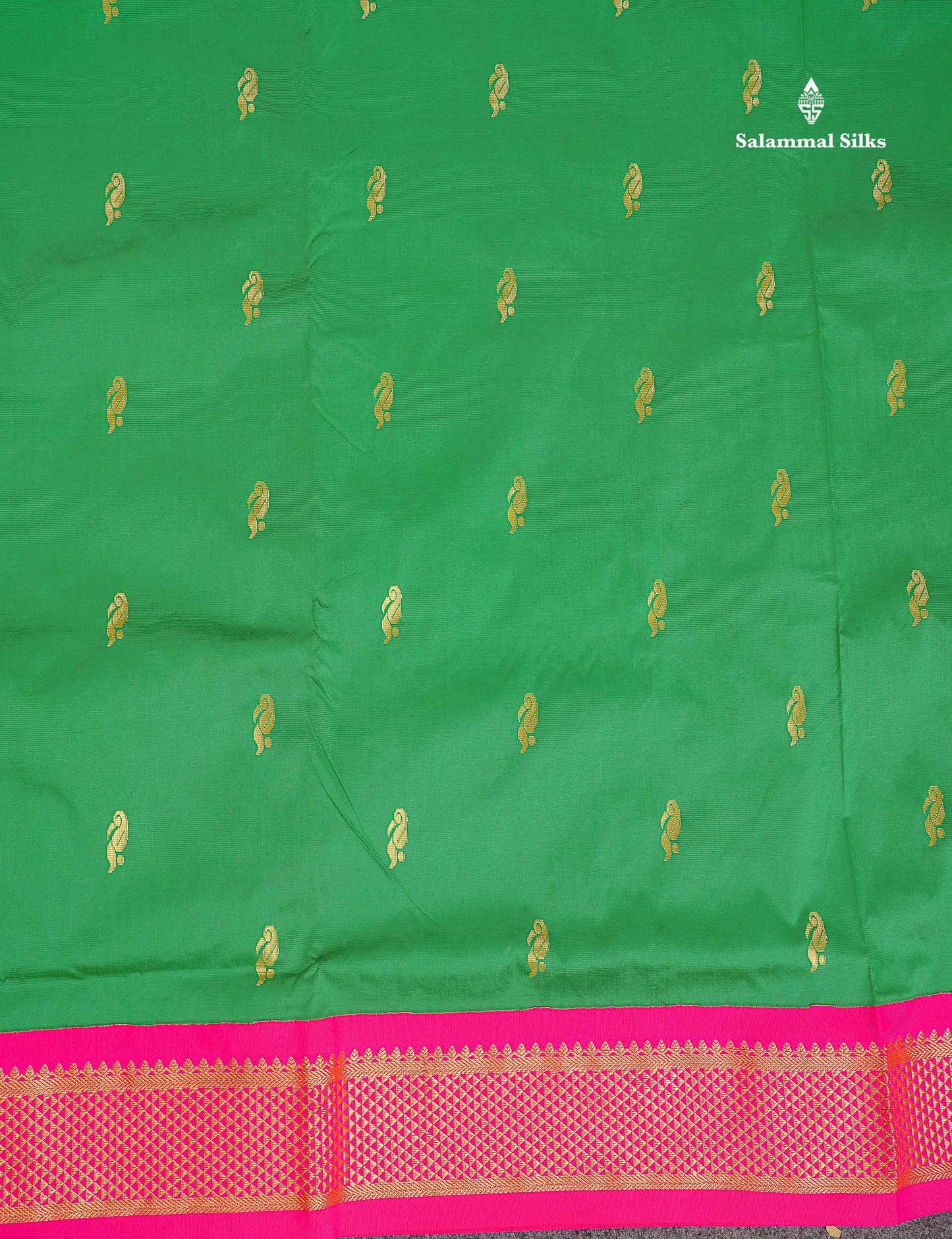 Semi Silk Saree - Green Colour Body Zari Buttas With Contrast Pink Border | 10 Yards
