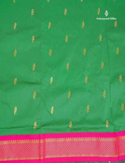 Semi Silk Saree - Green Colour Body Zari Buttas With Contrast Pink Border | 10 Yards