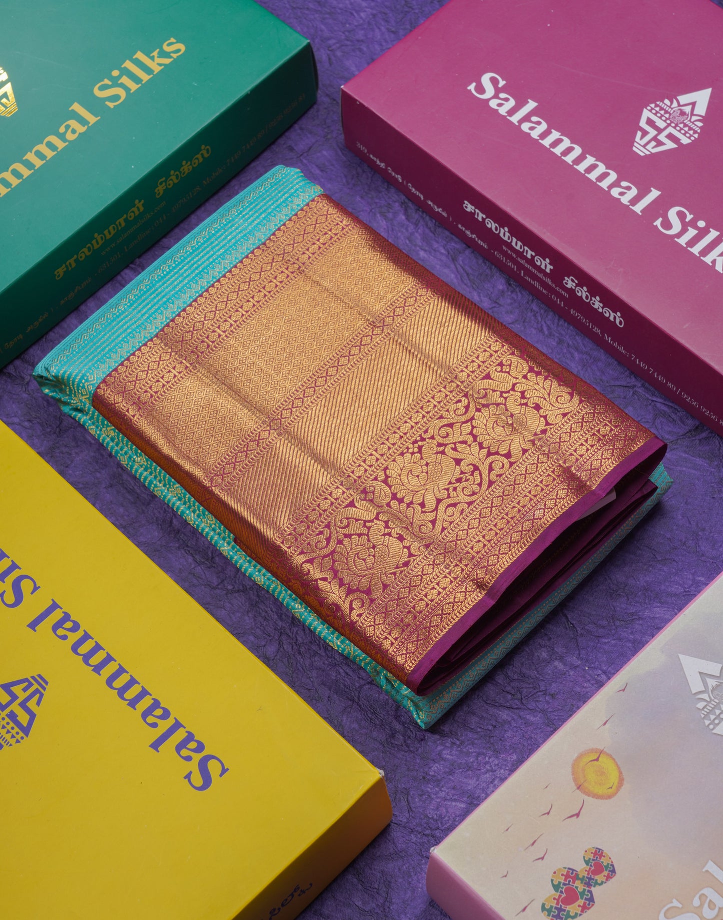 Beautiful Sapphire Green 2G Pure Kanjivaram Silk Saree With Contrast Dark Purple Traditional Evening Morning Border