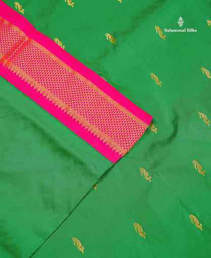 Semi Silk Saree - Green Colour Body Zari Buttas With Contrast Pink Border | 10 Yards
