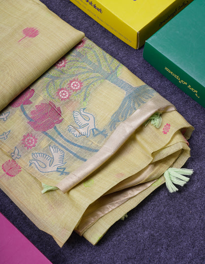 Beautiful Yellow Thread Work Butta Muga Cotton Saree With Blouse