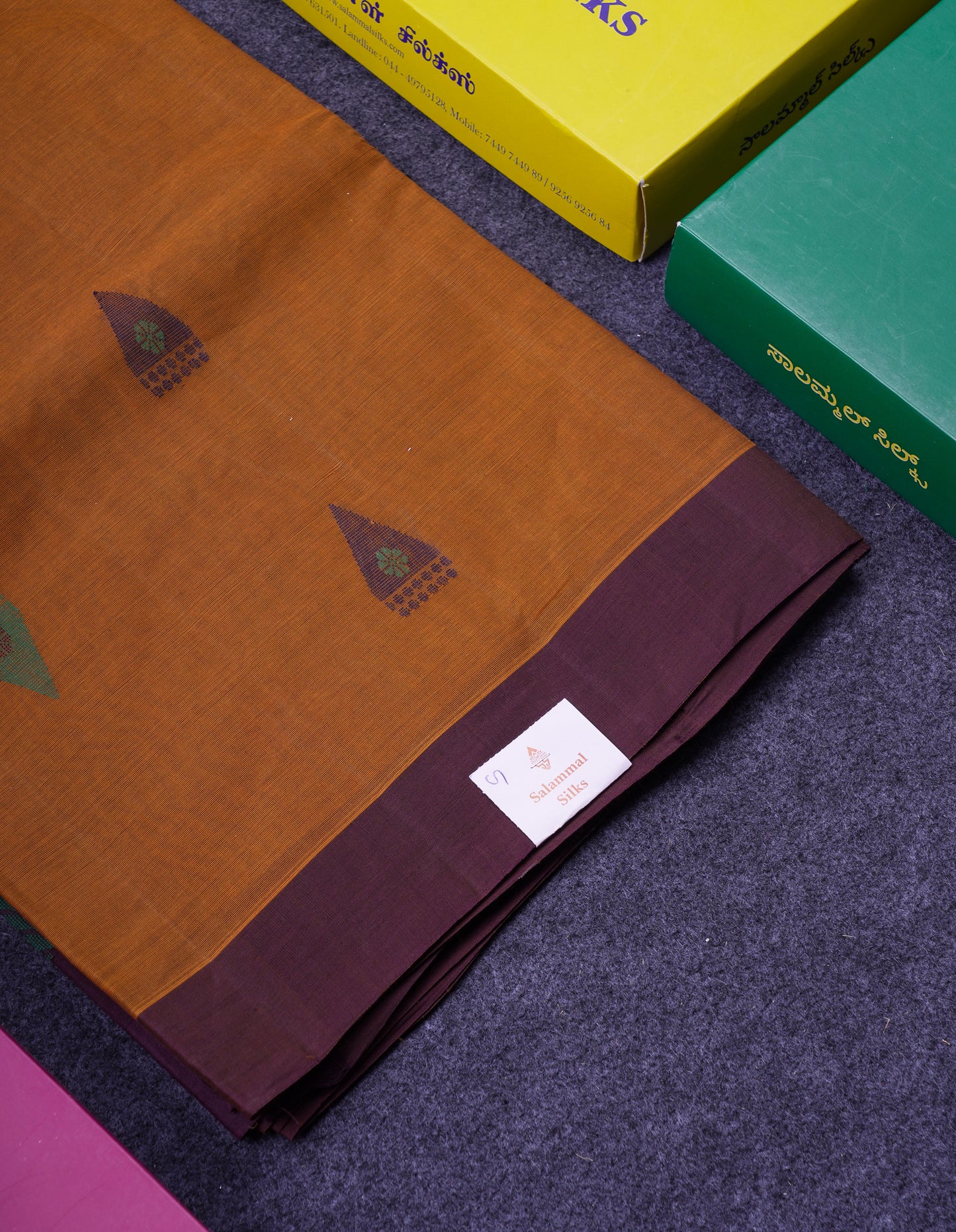 Beautiful Mustard Yellow Thread Work Butta Handloom Pure Cotton Saree With Contrast Dark Violet Border