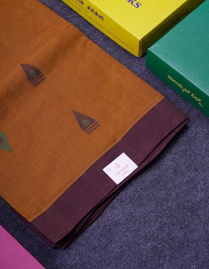 Beautiful Mustard Yellow Thread Work Butta Handloom Pure Cotton Saree With Contrast Dark Violet Border