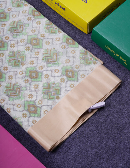 Beautiful Parrot Green Kota Cotton Fancy Saree With Contrast Cream Sandal Border
