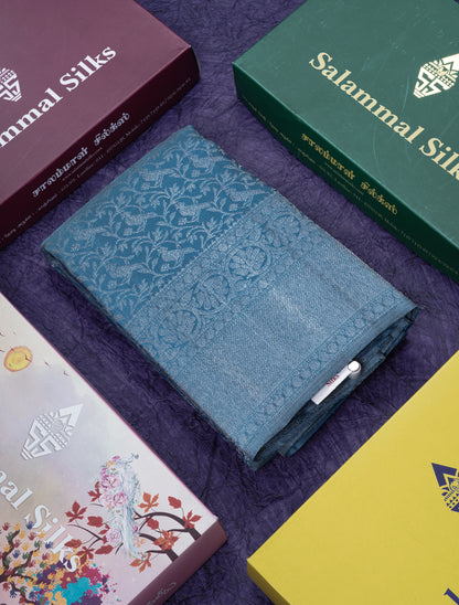 Olive Blue Bridal Kanjivaram Pure Silk Saree With Self Silver Zari Long Border