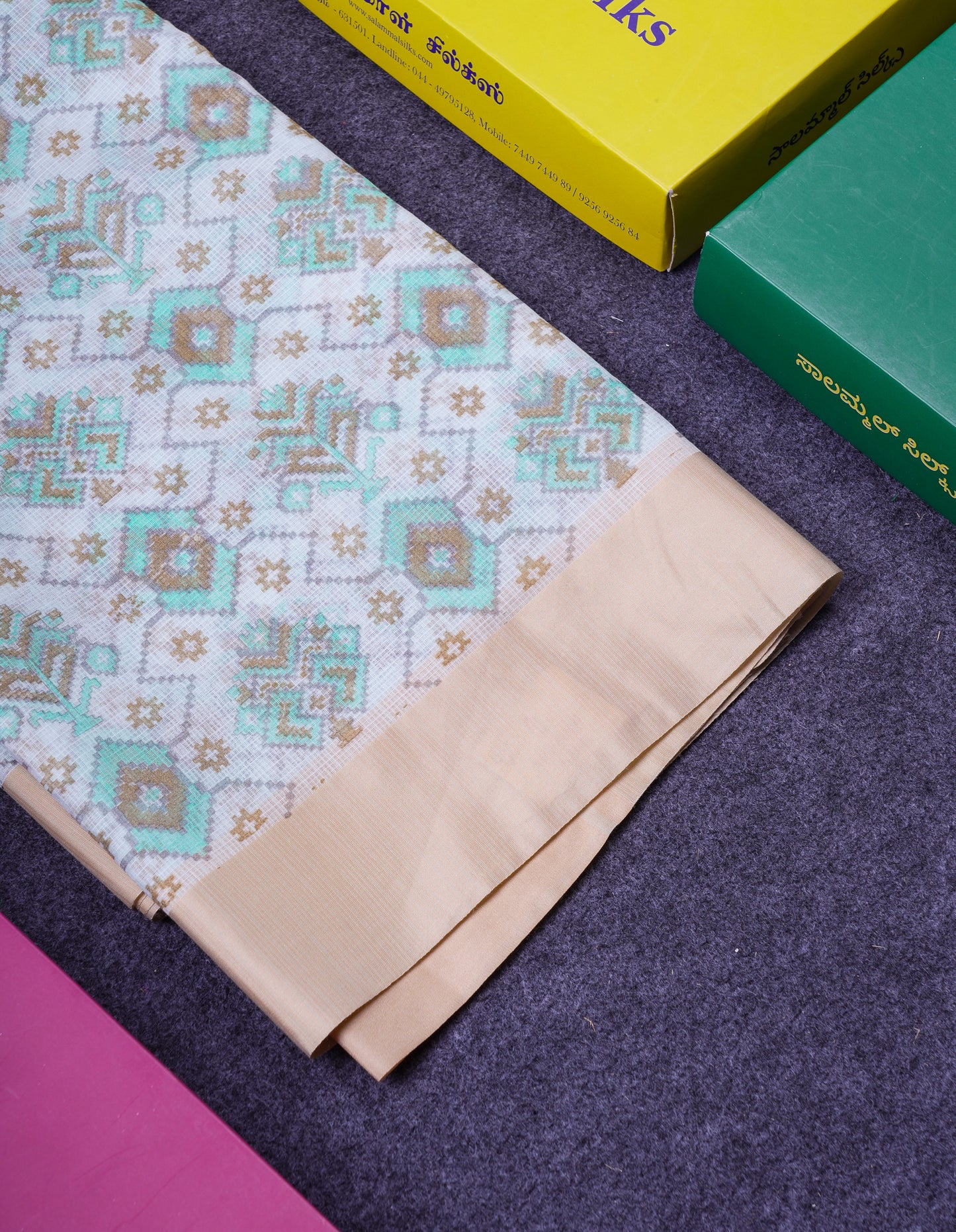 Beautiful Parrot Green Kota Cotton Fancy Saree With Contrast Cream Sandal Border