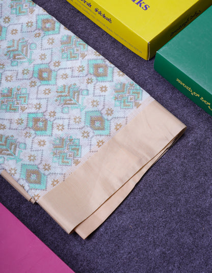 Beautiful Parrot Green Kota Cotton Fancy Saree With Contrast Cream Sandal Border