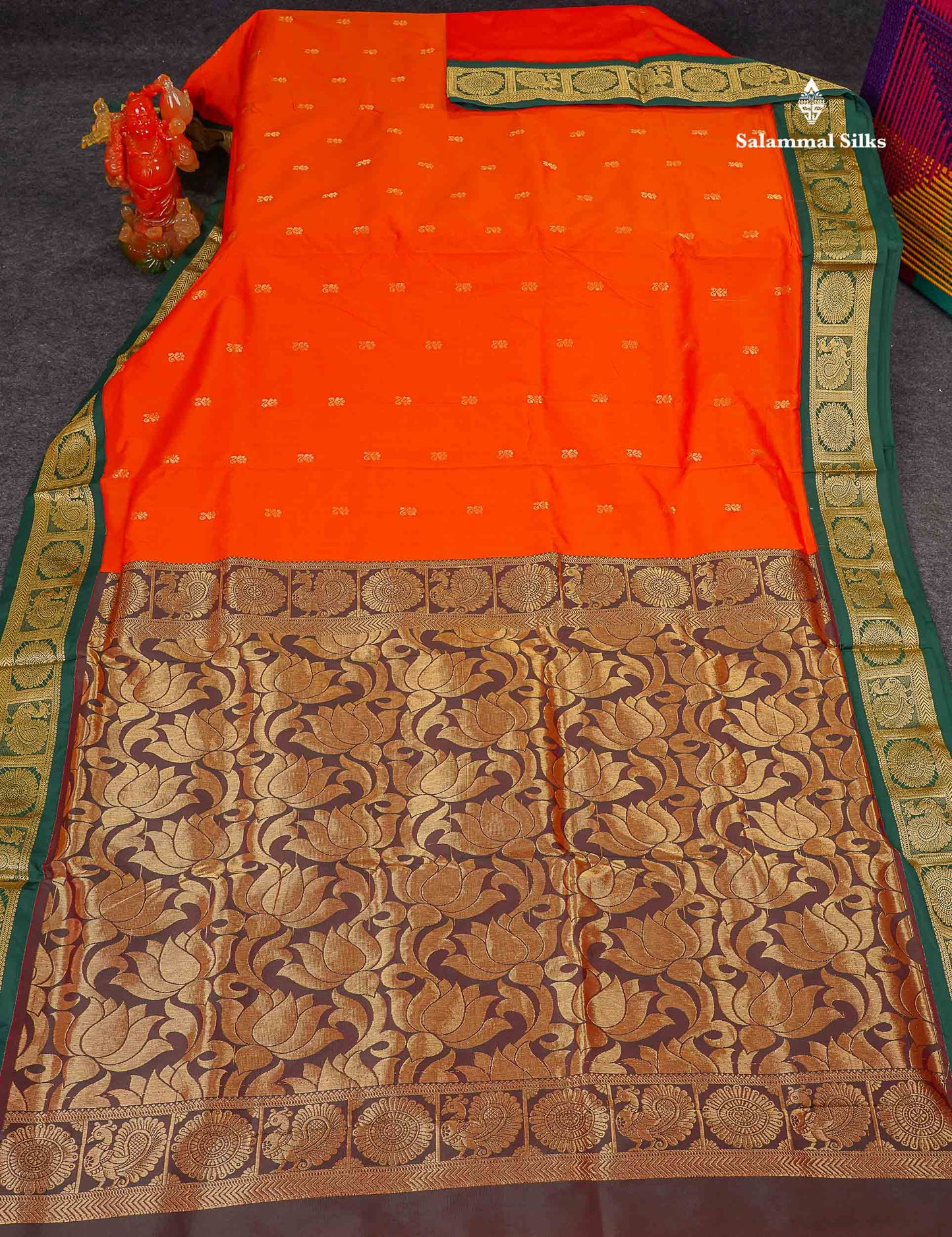 Semi Silk Saree - Green Colour Body Zari Butta With Contrast Pink Traditional Border | 10.5 Yards