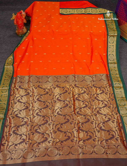 Semi Silk Saree - Green Colour Body Zari Butta With Contrast Pink Traditional Border | 10.5 Yards