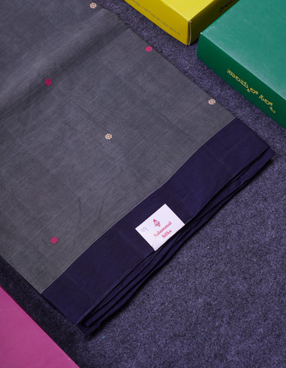Beautiful Grey Thread Work Butta Handloom Pure Cotton Saree With Contrast Navy Blue Blouse