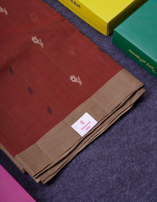 Beautiful Brown Thread Work Butta Handloom Pure Cotton Saree With Contrast Cream Sandal Border