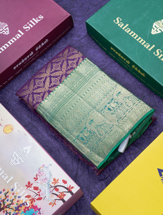 Purple Bridal Korvai Pure Kanjivaram Silk Saree With Contrast Green Border