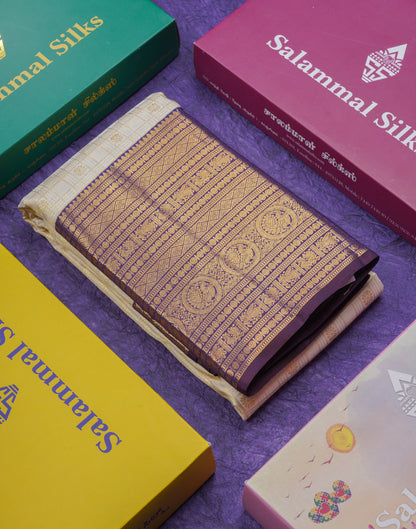 Beautiful Cream White 2G Pure Kanjivaram Silk Saree With Contrast Dark Violet Traditional Evening Morning Border