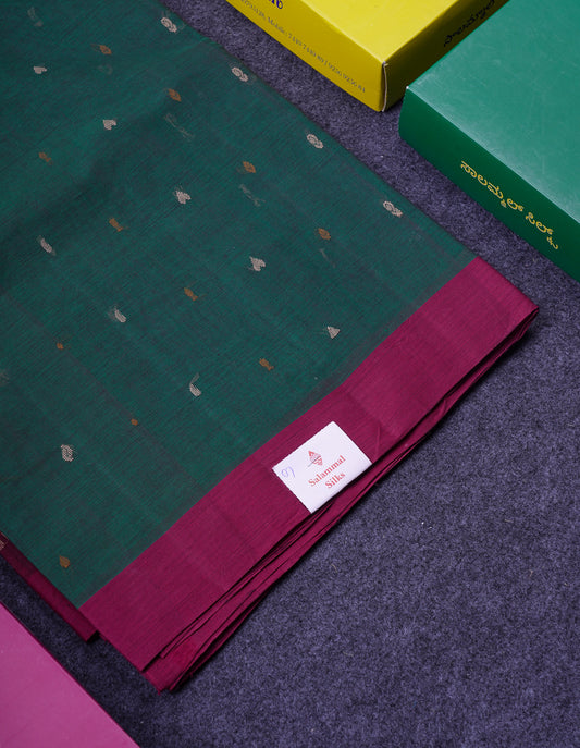 Beautiful Bottle Green Thread Work Butta Handloom Pure Cotton Saree With Contrast Magenta Border