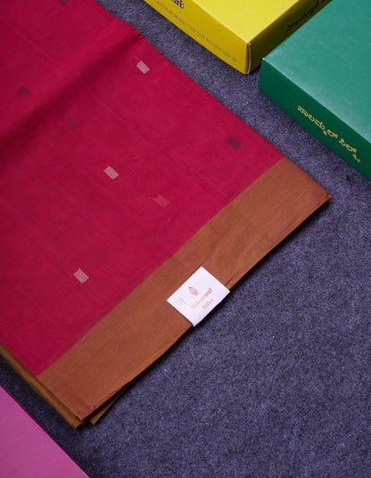 Beautiful Dual Tone Red Thread Work Butta Handloom Pure Cotton Saree With Contrast Brown Blouse