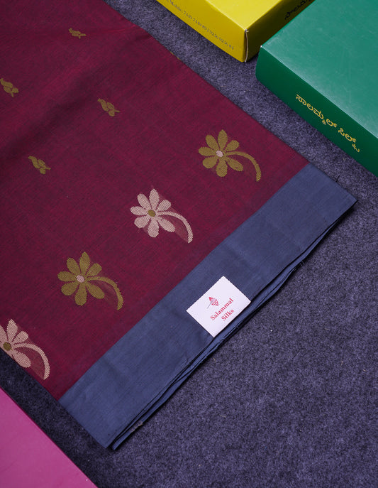 Beautiful Dark Maroon Thread Work Butta Handloom Pure Cotton Saree With Contrast Blueish Grey Blouse