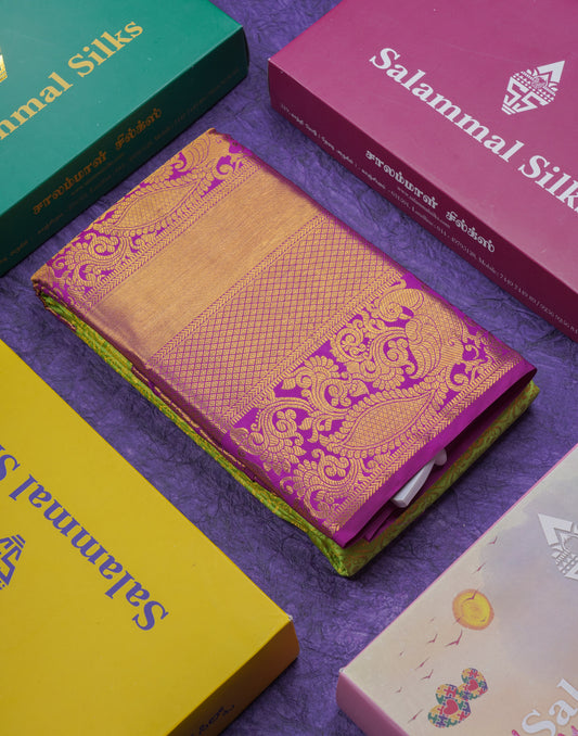 Kanjivaram Parrot Green Pure Silk Saree With Violet Border