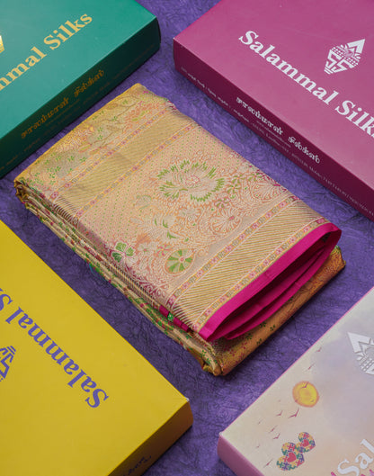 Beautiful Gold Tissue Menakari Work Bridal Pure Kanjivaram Silk Saree With Evening Morning Border