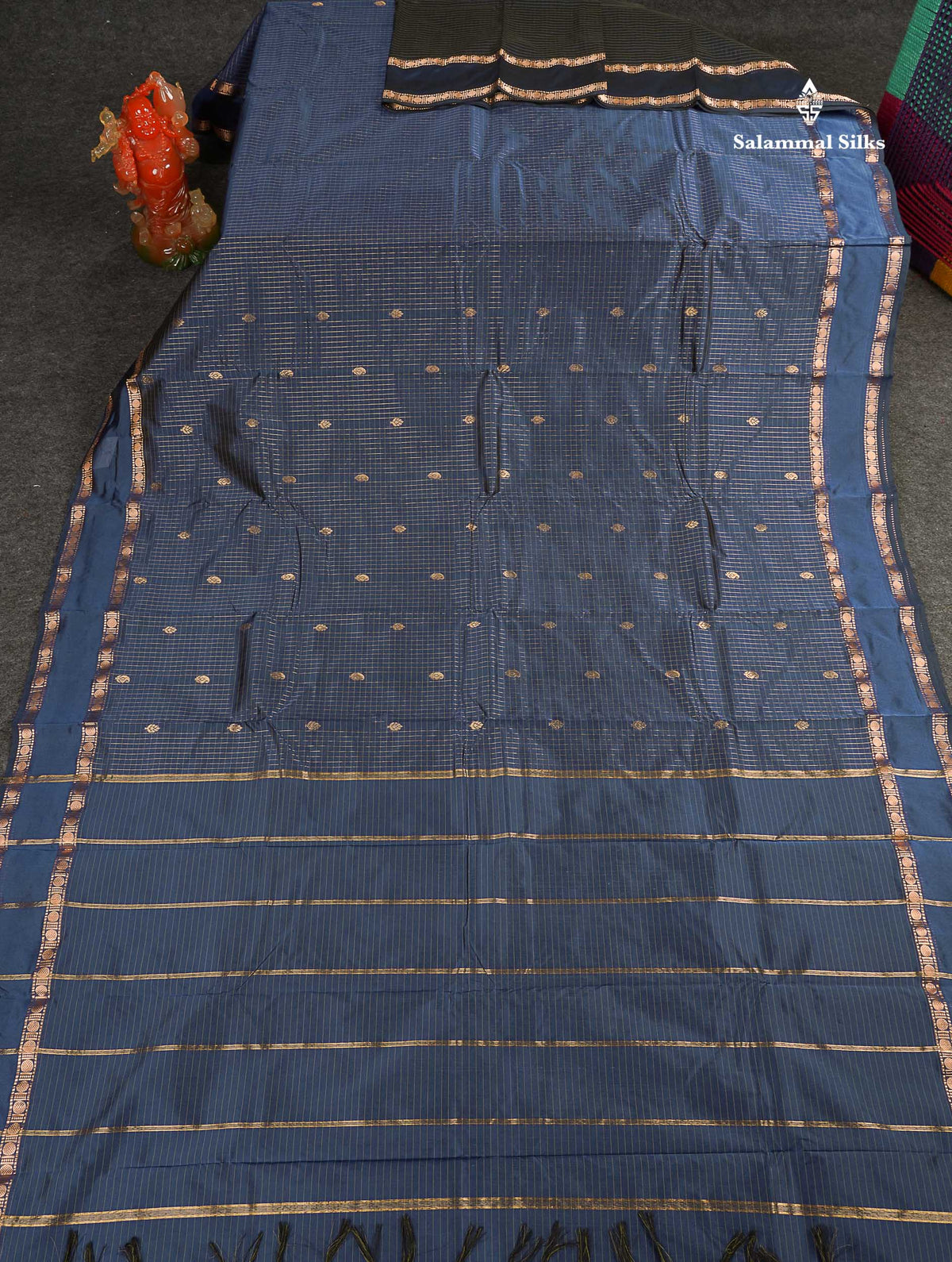 Semi Silk Saree - Navy Blue Colour Body Small Checks With Butta & Traditional Rettapet Border