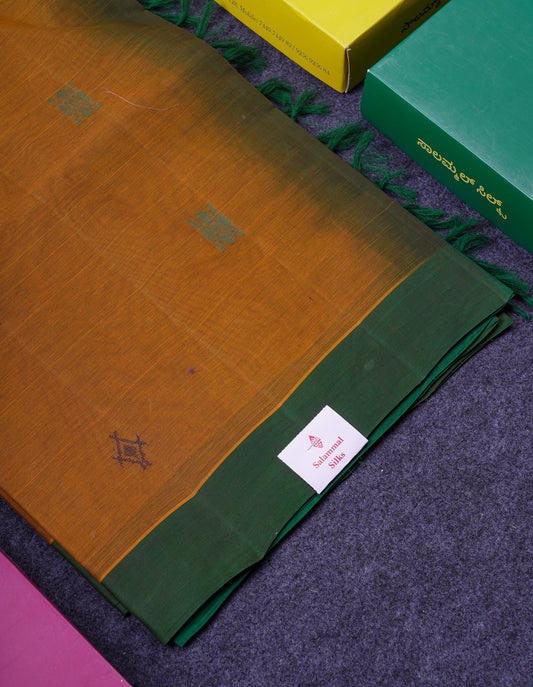 Beautiful Mustard Yellow Thread Work Butta Handloom Pure Cotton Saree With Contrast Saffire Green Blouse