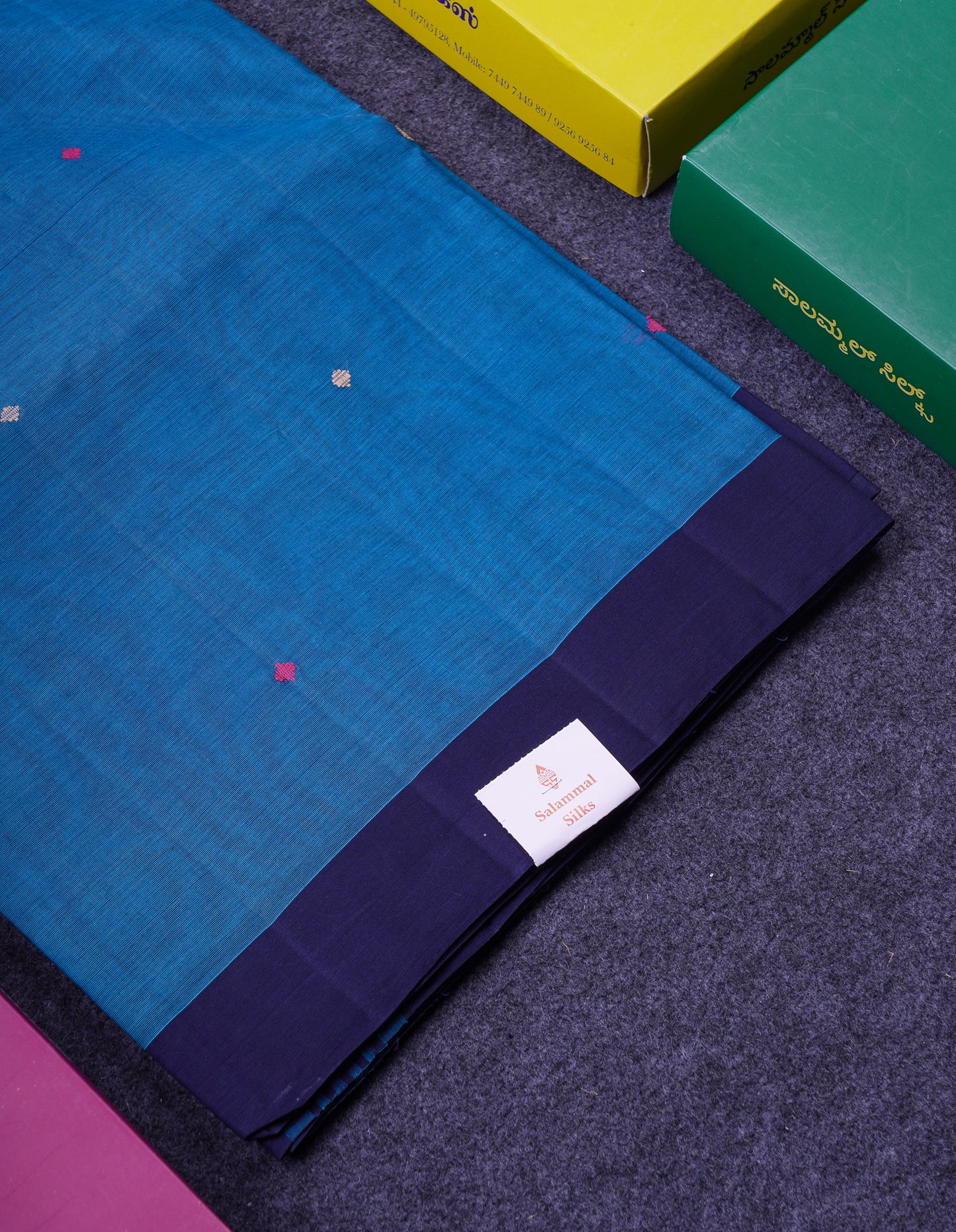 Beautiful Ramar Blue Thread Work Butta Handloom Pure Cotton Saree With Contrast Navy Blue Blouse