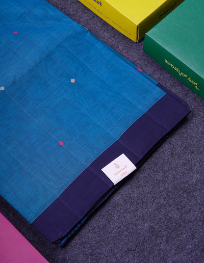 Beautiful Ramar Blue Thread Work Butta Handloom Pure Cotton Saree With Contrast Navy Blue Blouse