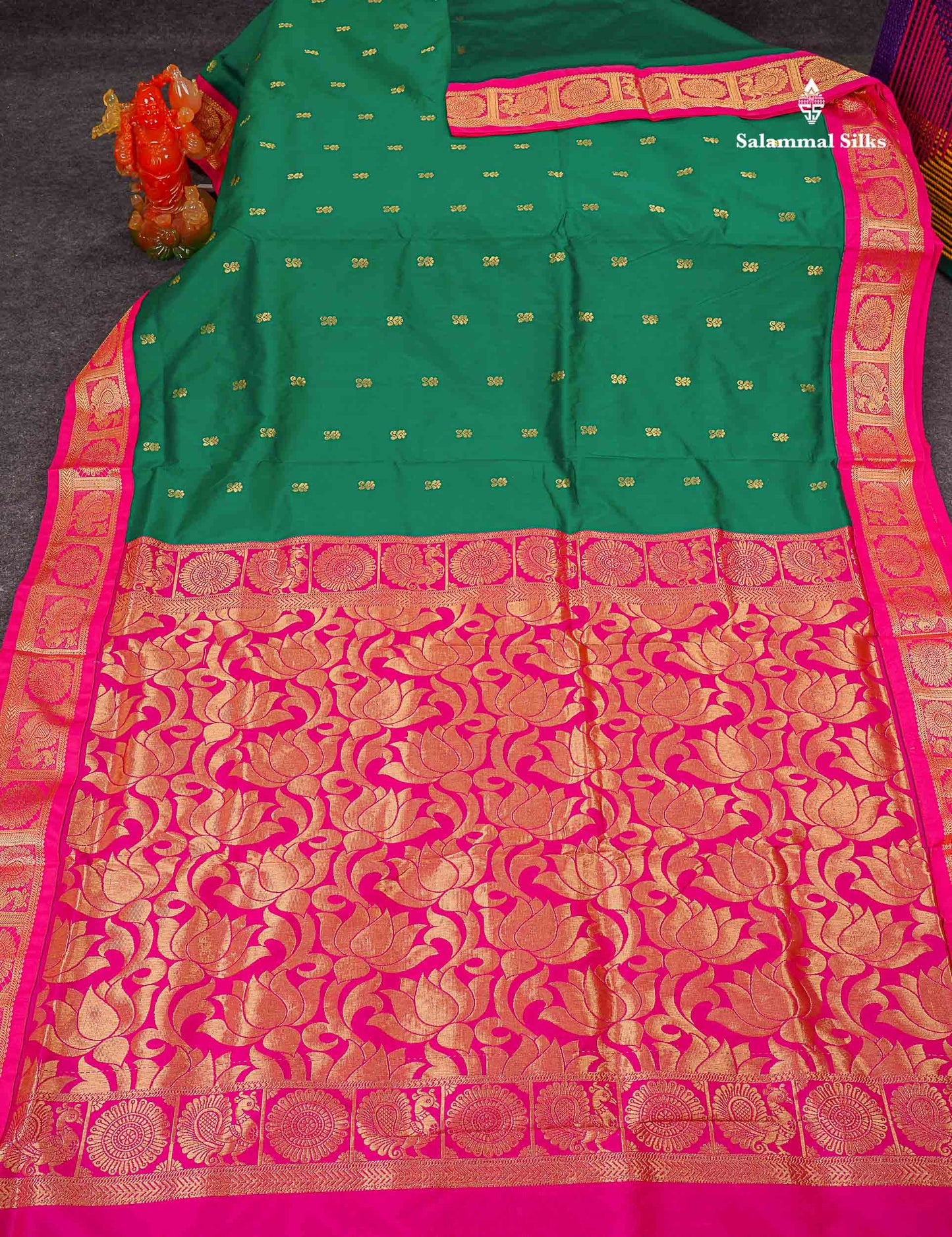 Semi Silk Saree - Green Colour Body Zari Butta With Contrast Pink Traditional Border | 10.5 Yards