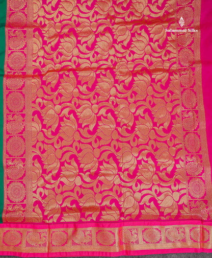 Semi Silk Saree - Green Colour Body Zari Butta With Contrast Pink Traditional Border | 10.5 Yards