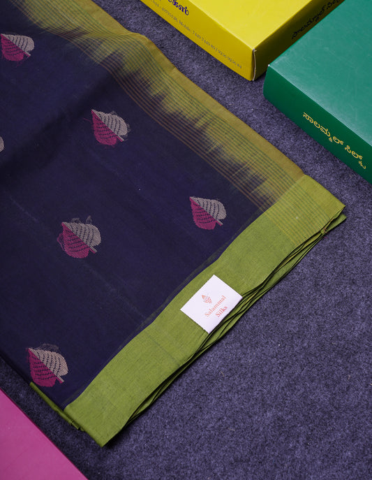 Beautiful Navy Blue Thread Work Butta Handloom Pure Cotton Saree With Contrast Parrot Green Blouse