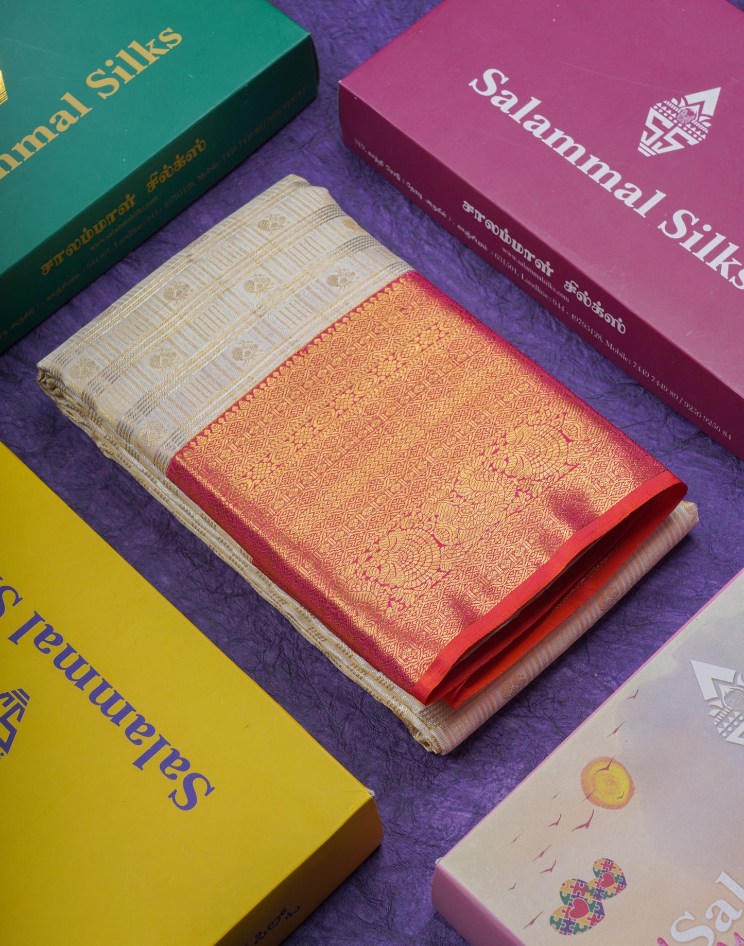 Beautiful Cream White 2G Pure Kanjivaram Silk Saree With Contrast Pinkish Orange Traditional Evening Morning Border