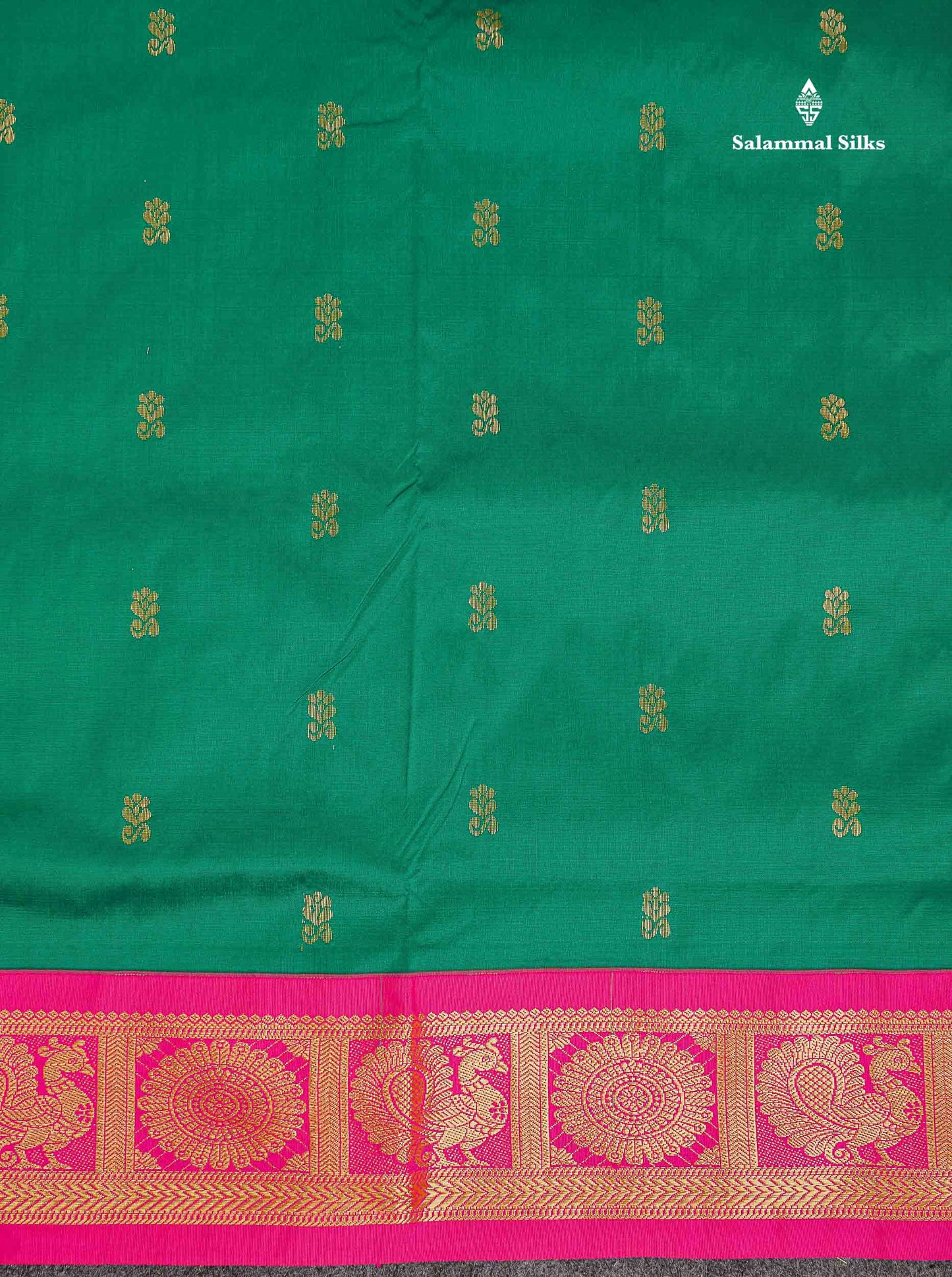 Semi Silk Saree - Green Colour Body Zari Butta With Contrast Pink Traditional Border | 10.5 Yards
