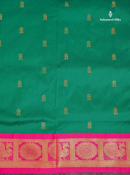Semi Silk Saree - Green Colour Body Zari Butta With Contrast Pink Traditional Border | 10.5 Yards