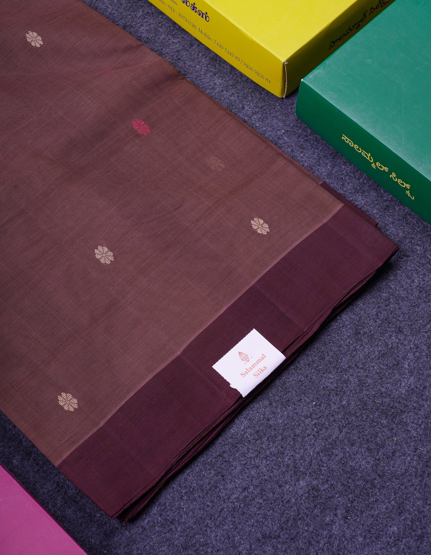 Beautiful Chocolate Thread Work Butta Handloom Pure Cotton Saree With Contrast Dark Brown Blouse