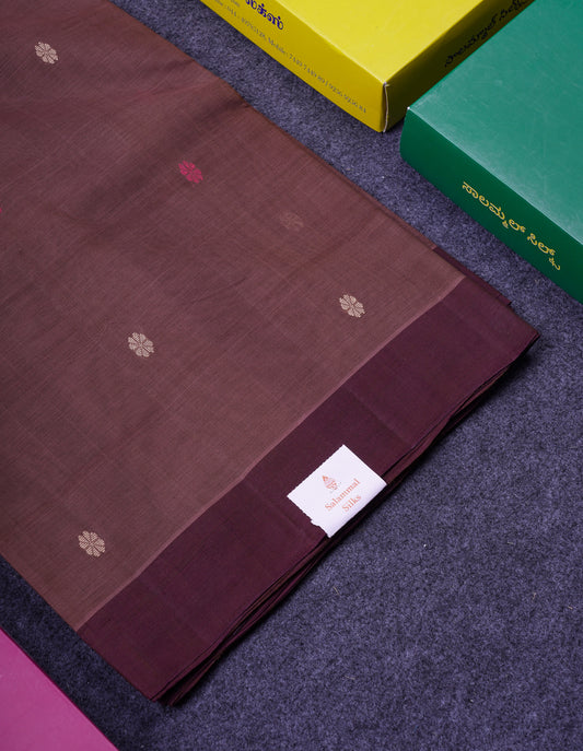 Beautiful Chocolate Thread Work Butta Handloom Pure Cotton Saree With Contrast Dark Brown Blouse