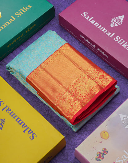 Beautiful Sky Blue 2G Pure Kanjivaram Silk Saree With Contrast Chilly Red Traditional Evening Morning Border